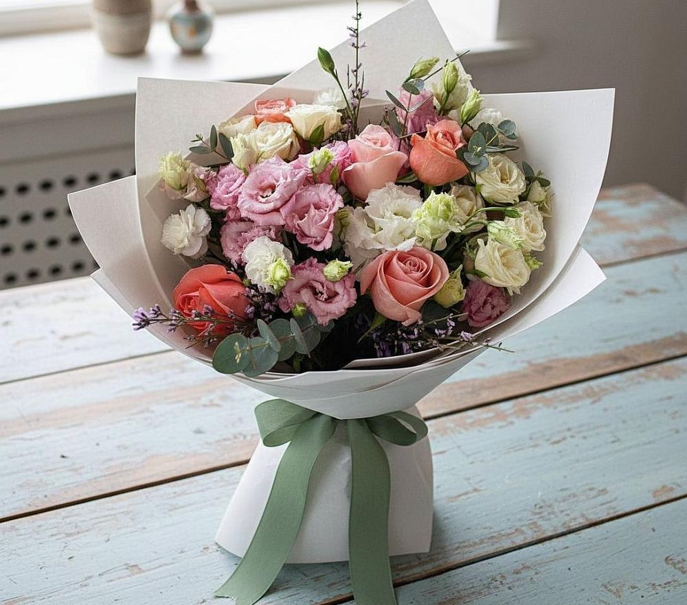 Букет цветов из: Розы, Лизиантусы и Гвоздики в Емецк