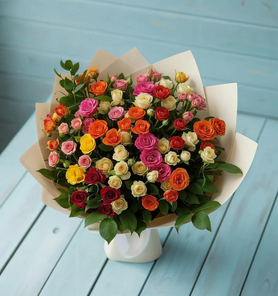 Букет Микс из разноцветных кустовых роз в Емецк